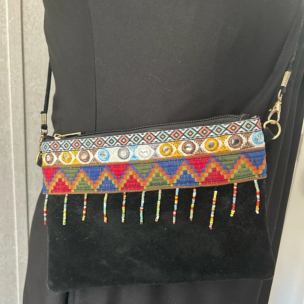 Boho Black Suede Crossbody Bag with Multicolor Beaded Trim - Picture 2 of 14